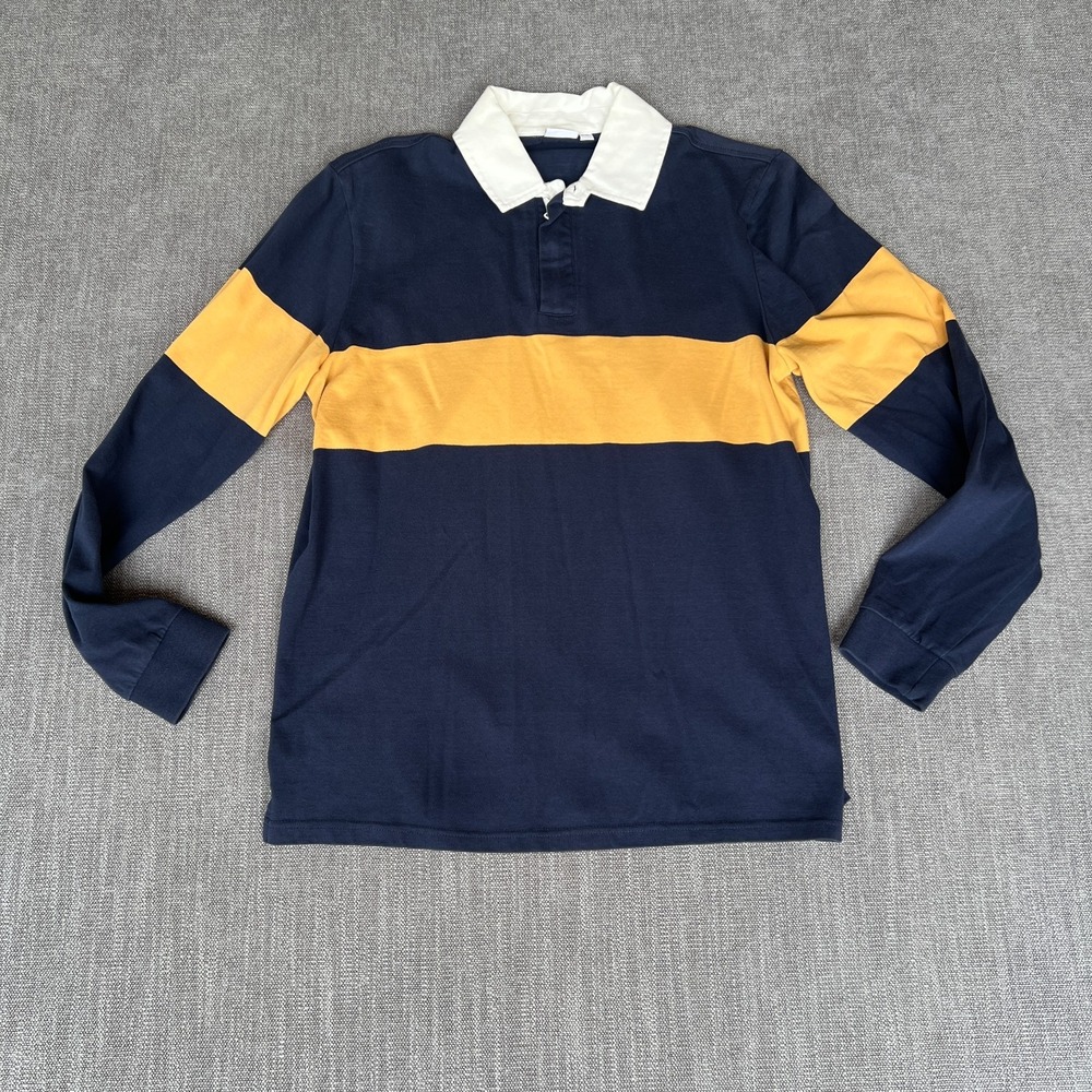 Onia Rugby Shirt Mens Medium Navy Yellow Stripe Long Sleeve 1/4 Zip Pullover
